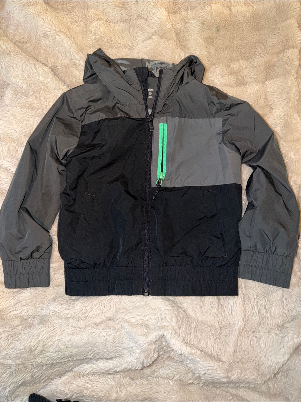 all in motion Kids Colorblock Hooded Rain Jacket - Black, Gray & Neon Green